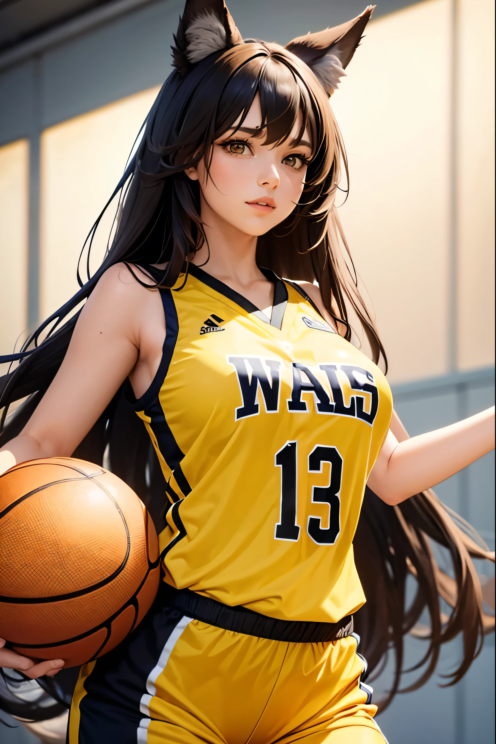 Woman, Brunette, Long Hair, Wolf Ears, Large Breasts, Playing Basketball, Yellow Uniform