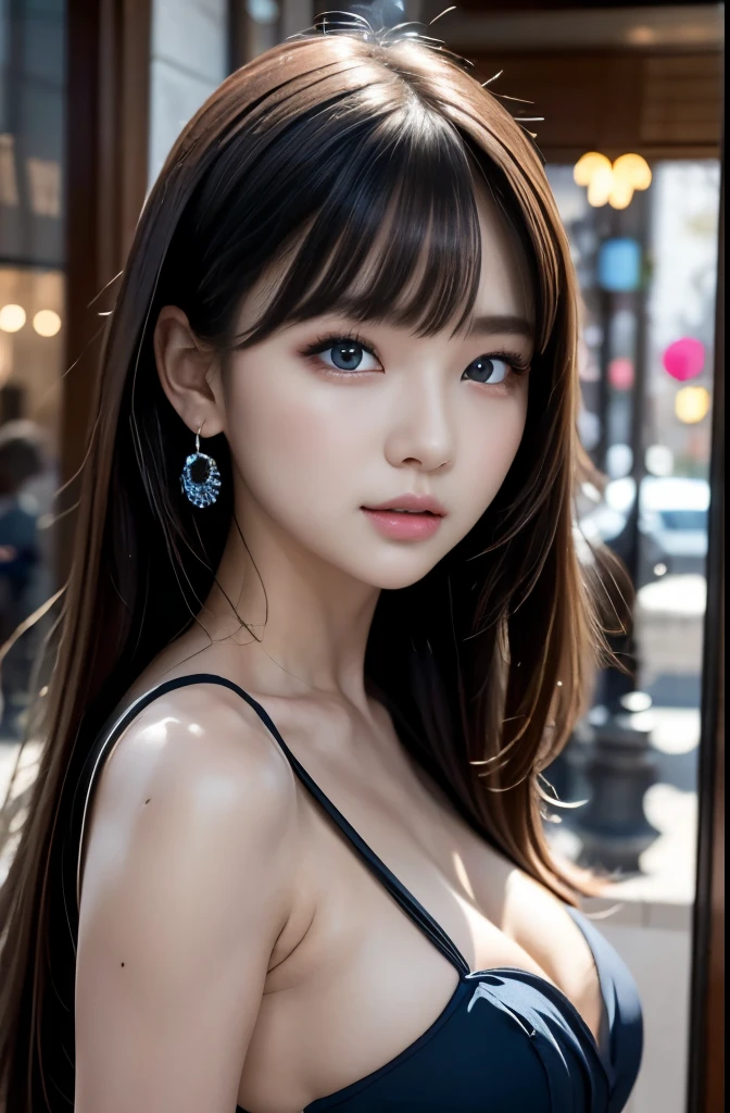 Ultra high definition, 1 female, Black shiny hair, Blue Eyes, Delicate face, cute, Love Earrings, White Dress, Standing at the entrance to the arcade, Playful, 8K Ultra HD, masterpiece, Highest quality, Super detailed, Accurate