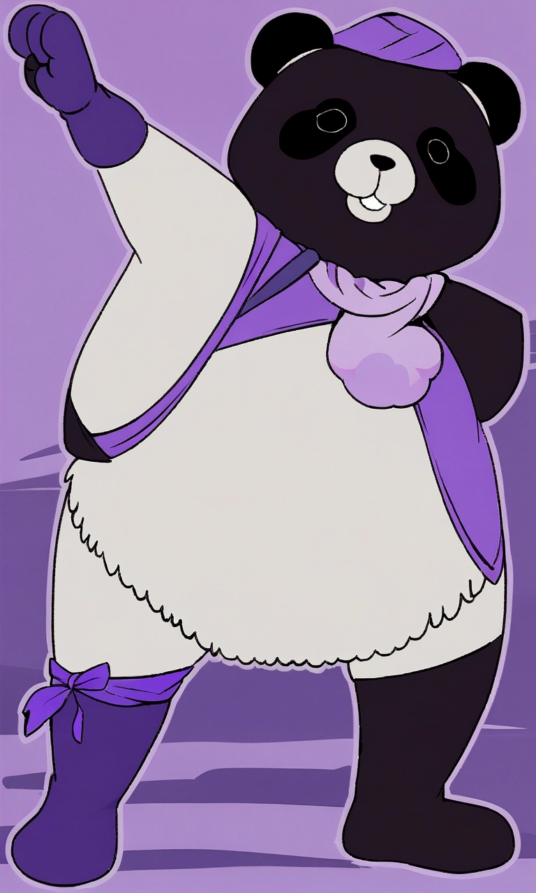 panda bear in a purple jacket and a purple scarf, panda panda panda, Inspired by Zhou Wentianchong, panda, Inspired by Zhu Da, Full body close-up, Anthropomorphic warrior bear, Merge roles, Width, inspired by Luo Ping, Inspired by Roma, Inspired by Feng Zhu, Character Art Close-up，C4D Style，Three-dimensional