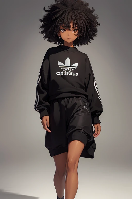 (Full-length portrait: 1.5), 16-year-old boy, with an average height of 1.80 cm, facial features of mixed origin, such as an aquiline nose and full lips, inherited from his African ancestry, and more refined features on the side white of his heritage. Her hair is an explosion of frizzy Afro-style curls, reaching almost to her shoulders, and is a deep black color, highlighted by the brown tones of her eyes. To make the look more youthful and lively, give it a caricatural look, with exaggerated and expressive features, such as bouncy eyebrows and large, bright eyes. He adds a very stylish adidas sweatshirt,Average physical height of a 16-year-old teenager,(Skin Color: Black:1.5)