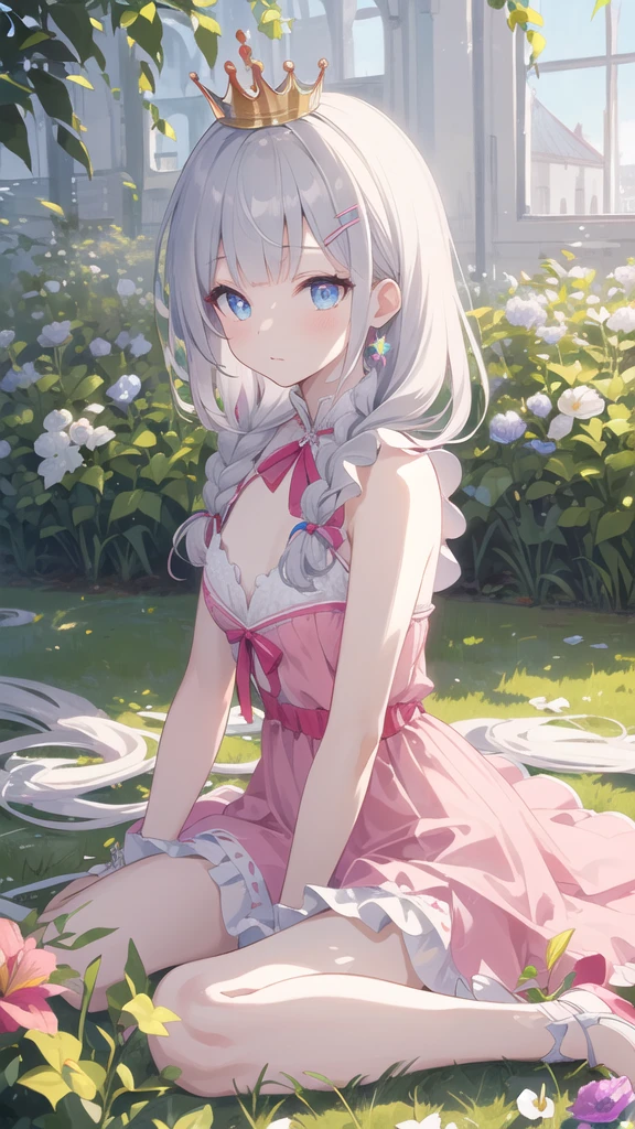 (8K, best quality, master piece: 1.5),super high resolution, One girl, solo, low angle, junior high school student, ultra-detailed face, detailed eyes, rainbow colored iris, cyan eyes, braids, Silver gray hair, blunt bangs, hairclip, orgasm face, pale skin, Medium chest, (show off pussy:1.3), touch pussy, pussy juice, (hot pink color princess dress), bare legs, bridal garter, garden, wariza