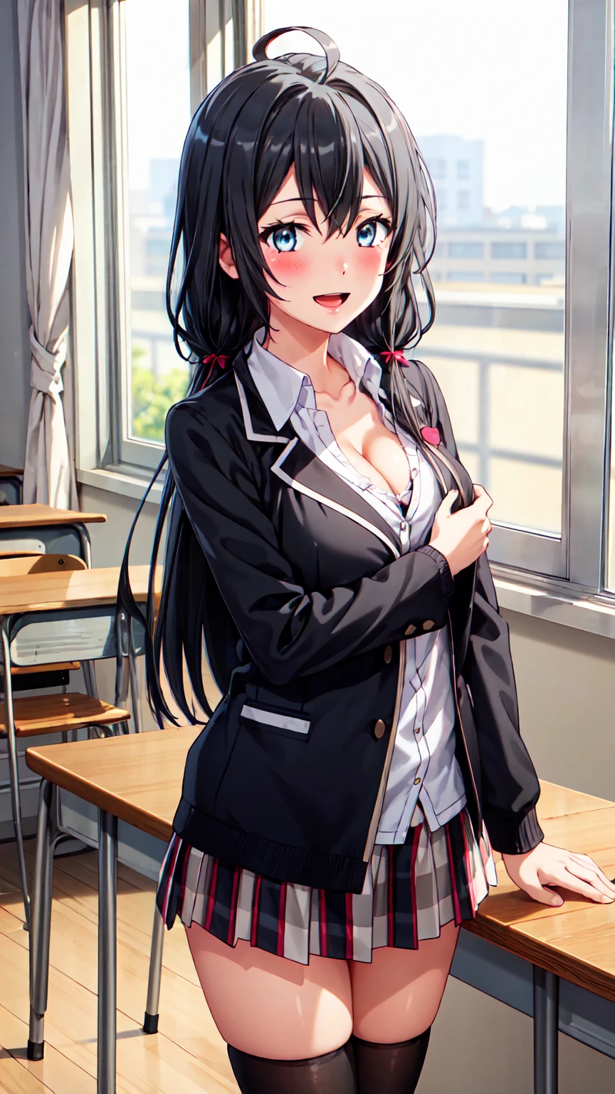 Masterpiece ,best quality , high resolution , (1 girl solo:1.38) , (yukino yukinoshita, black hair, blue eyes, long hair, ahoge) , (cleavage:1.32) , (medium breast:1.28) , (blazer, cardigan, jacket, plaid skirt, school uniform, skirt, high school uniform) , (face view , front view , look at view) , ( windows , indoor , classroom , table ) , (standing , thighs ) , (cowboy_shot) , ( smile , open mouth , full face blush , shy )