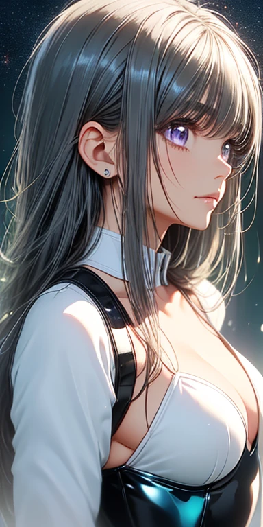 cute、Gray Hair:1.5、Straight Long Hair、Perfect beauty、universe space、Shining white-purple aura、white latex super leotard、glowing leotard、space of silence、Anime Style、Highest quality、Ultra-detailed、Masseter muscle area:1.3、８ｋ、