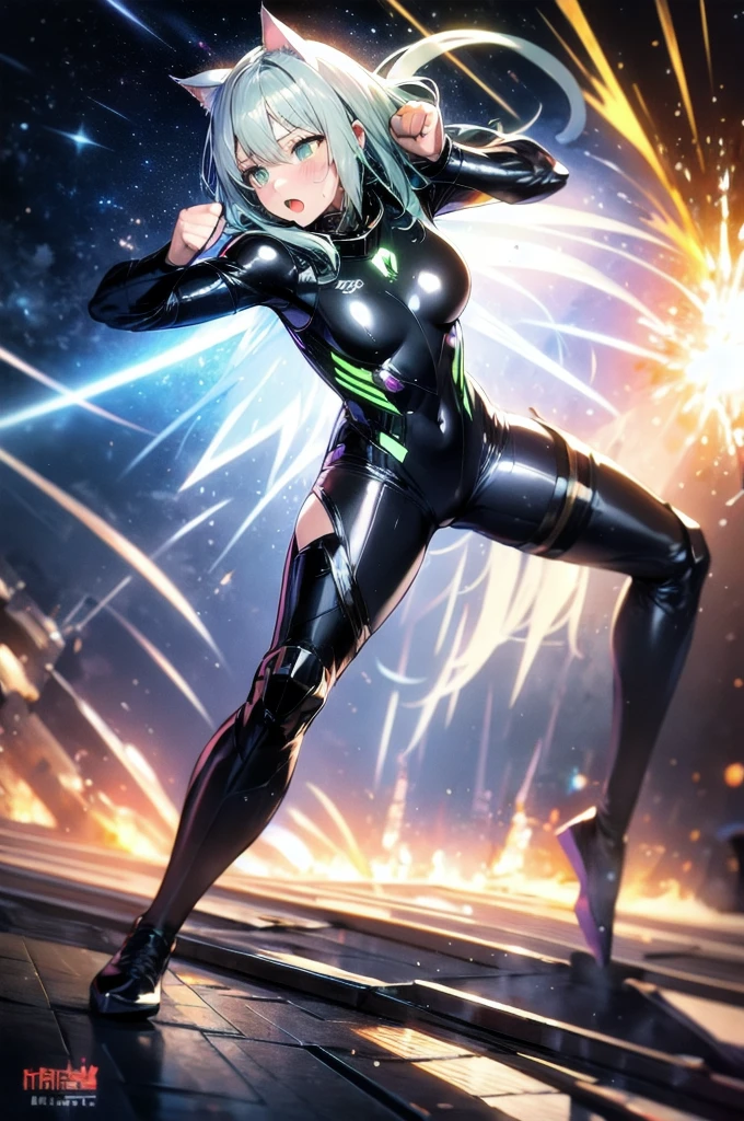 prompts A silver-haired beautiful girl with cat ears eyes are green hair is silver and long clothes: a form-fitting black combat suit The fist is an afterimage The background is a city at night her is in a cat-like fighting pose The year is 14 years monitor, Dark Night, Sweat, Steam of Exhalation, Space, Battle, Dynamic Angle,
