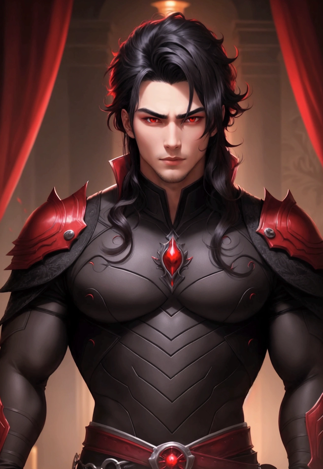 very handsome man with crimson red eyes, hair black as night