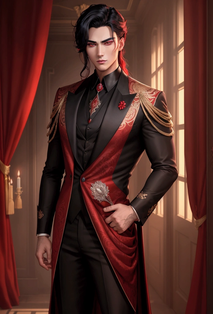 very handsome man with crimson red eyes, hair black as night