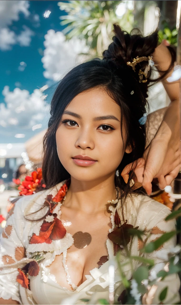 A indonesian wonan, wearing white dress, realistic detailed UHD 4k photography extreme quality, Cg unity 8k, super delicate, background blur, full depth of field, HDR high dynamics, real restoration, intricate and extreme details, perfectly presenting the style of midjourney art. realistic, elegant, goddess, surrealism, high detail, supremacy, cinematic lighting, ray tracing, shadow, uhd, retina, masterpiece, ccurate, anatomically correct, textured skin, super detail, high detail, high quality, high quality, award-winning, best quality, high resolution, 1080P, 16k, 8k, 4K, HD