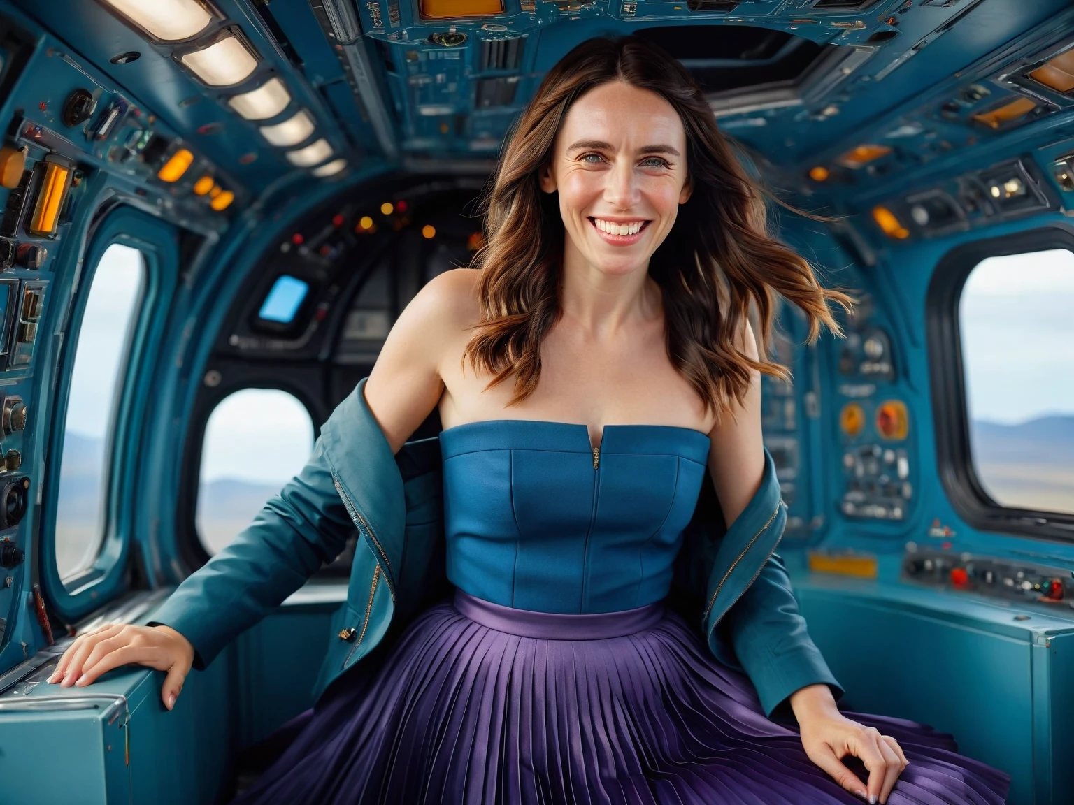 Insatiable Skirt lover and kind, shy woman Jacinda Ardern has Intense Orgasming love for her skirt, sitting and wearing (long pleated full circle skirt), uniform jacket and strapless low pump office shoes, (pronounced (feminine) features), (very windy), skirt is flowing wildly in the wind, inside a spaceship travelling through deep space, very, very intricate hyper-detailed symmetric (attractive graceful young feminine face) with (sad, tired eyes and a loving smile), very voluptuous breasts, full of empathy and compassion and love, (pronounced (feminine) features), (highly detailed ultra accurate realistic) hands and fingers, (windy), epic composition, highly detailed attributes, (35mm f1.4 Kodak portra 400 photograph), extremely high quality RAW photograph, highly detailed atmosphere, sci-fi, cinematic shot, dynamic lighting, 75mm, Technicolor, Panavision, cinemascope, sharp focus, fine details, 8k, HDR, realism, realistic, key visual, film still, superb cinematic color grading, depth of field