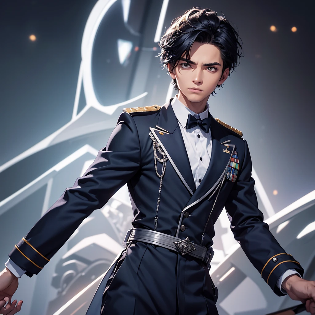 1. Focus on the Main Character:, - illustration of a young man in the center, - **Costume Details**: the young man is wearing an academy uniform (dark blue jacket with silver accents on the collar and cuffs. This jacket has an adjustable waist belt), - **Expression and Pose**: Shows cool and calm, perhaps in a relaxed but dominating pose., ### **2. Dynamic Background:**, - **City**: Shows a futuristic view of the city with tall buildings and advanced technology., - **Spirit Nexus Academy**: A majestic image of the academy, with elements that reflect a prestigious training ground., black hair, anime style