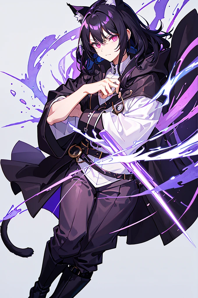 Black Hair少年,Around fifteen years old,Black Hair,Cat ear,Cat tail,Purple cloak,Heterochromia,Red left eye,Blue right eye,White shirt,Purple cloak,Standing,whole body,For the audience,White background,masterpiece,HD,4K,Detailed facial depiction,Black trousers,Black boots,Black Hair,White background(1:5)