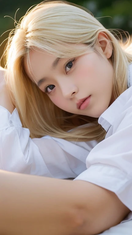 Highest quality、Japanese women、The most beautiful woman in the world、sexy、Blonde long hair hairstyle、Small face、Beautiful skin、evening、outside、Large breasts、Realistic、sexyなポーズ、sexyな表情、White shirt、Lying down