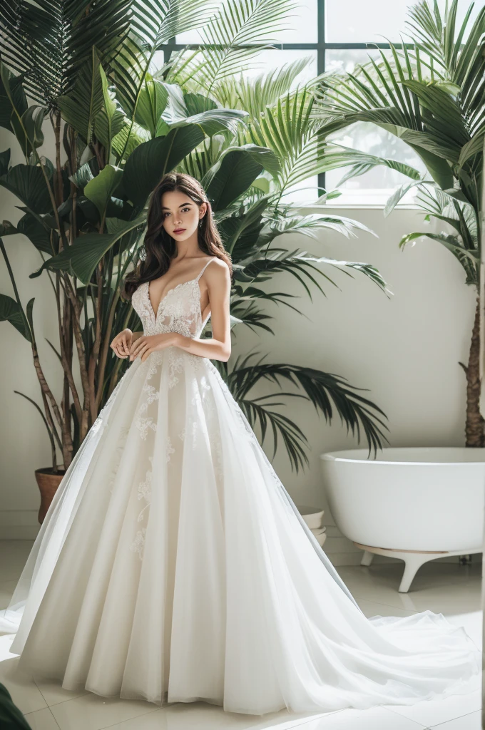 Highest quality, 8K, 32k, masterpiece, Ultra-high resolution:1.2, masterpiece, (Realistic: 1.4), RAW Photos, Ultra-realistic, Skin Details, One girl,Fashion Model,wearing a white ball gown wedding dress,Tulle fabric, whole body, Indoors in a white room with decorative palm trees,Stand upright and look straight, , Skin Details