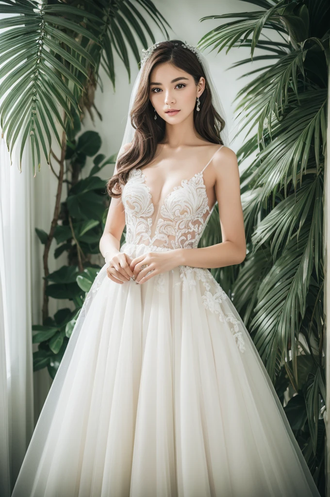 Highest quality, 8K, 32k, masterpiece, Ultra-high resolution:1.2, masterpiece, (Realistic: 1.4), RAW Photos, Ultra-realistic, Skin Details, One girl,Fashion Model,wearing a white ball gown wedding dress,Tulle fabric, whole body, Indoors in a white room with decorative palm trees,Stand upright and look straight, , Skin Details