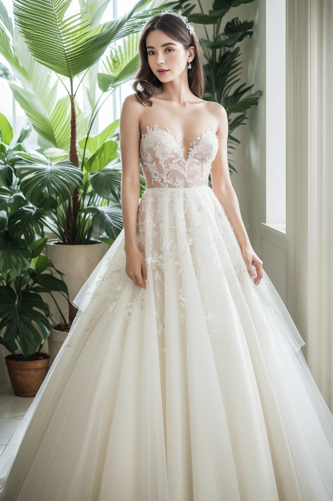 Highest quality, 8K, 32k, masterpiece, Ultra-high resolution:1.2, masterpiece, (Realistic: 1.4), RAW Photos, Ultra-realistic, Skin Details, One girl,Fashion Model,wearing a white ball gown wedding dress,Tulle fabric, whole body, Indoors in a white room with decorative palm trees,Stand upright and look straight, , Skin Details