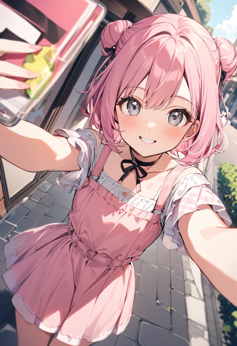 , 1 Girl, Girl，Pink short hair，Gray round eyes，Smile, Lovely, Bun face，flat chest，Selfie, outdoor, Pretty Face, Pink skirt