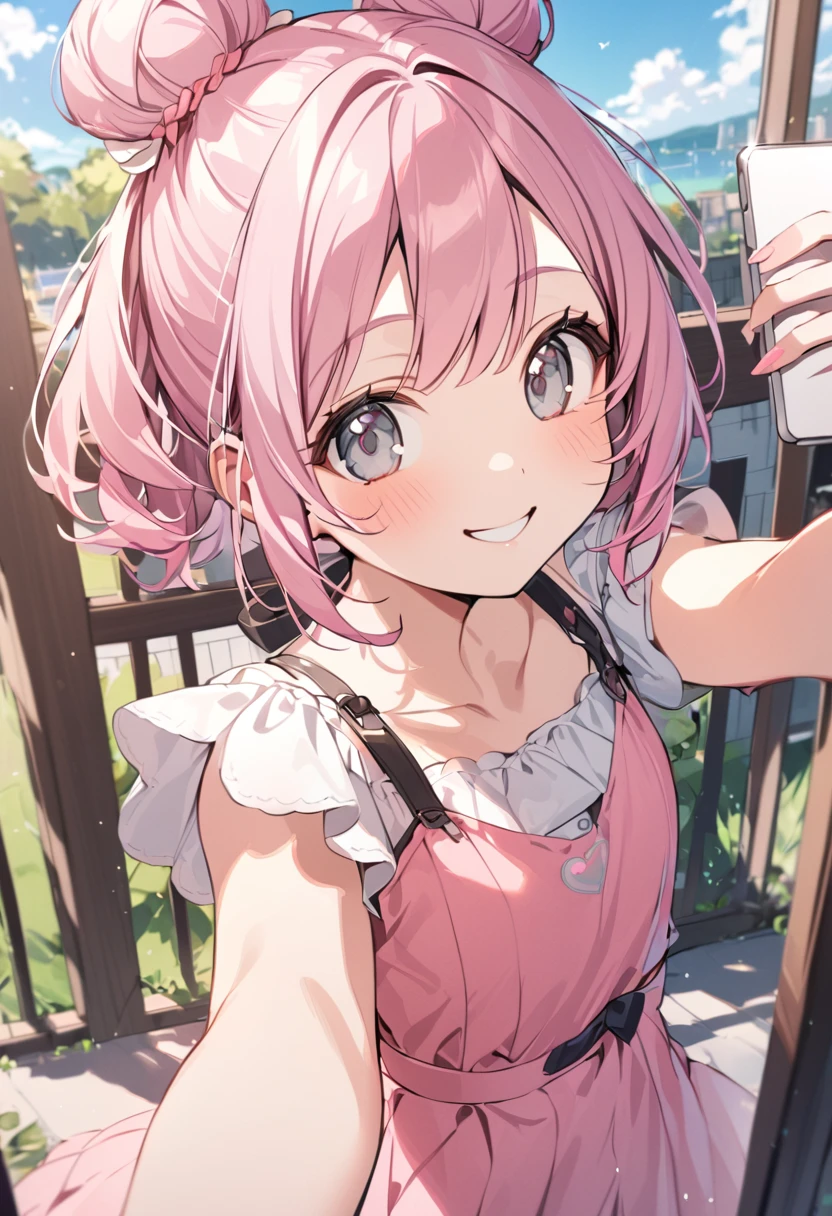 , 1 Girl, Girl，Pink short hair，Gray round eyes，Smile, Lovely, Bun face，flat chest，Selfie, outdoor, Pretty Face, Pink skirt