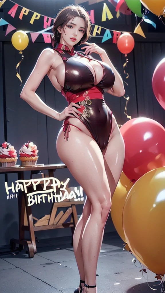 ((1 mature mother )),Delicate details on the lips,a milf,artstationh trend,intricate face details,curvy physique,(thick body),vibrant,4k,12k resolution,seductive, mom boy seductive ippo makanaochi, (sequined Chinese cheongsam, slim body, slim leggs, long leggs,, look at viewer: 1.2), ((shy expression, open lips, big and full breasts :1.4)), (( , happy birthday decoration, happy birthday party:1.4))