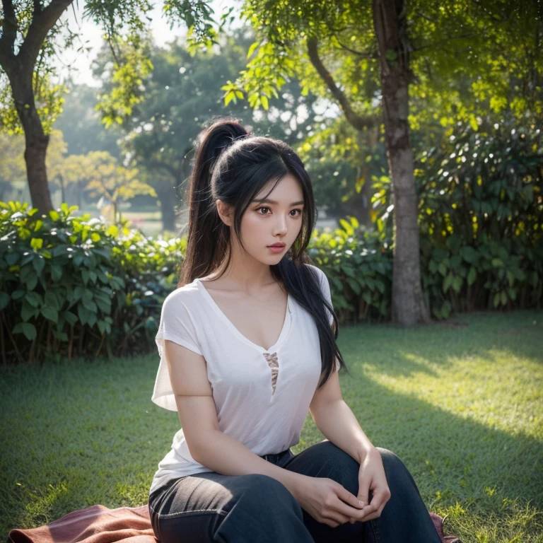 ภาพถ่ายหน้าตรงThai anime, Female anime Araffe 25 30 years old, realistic: Open the aperture wide., professional lighting, Sony A7R4, 50 mm sitting lens. 2 ; Warm light, (digital painting, HDR, high contrast (digital painting, HDR, high contrast), (Highest quality),(Masterpiece:1.3),(sharp focus:1.2:),Old ripped jeans, dark green t-shirt, Looking straight at you intently, Long-haired woman with a round face, Red cheeks, Pink cheeks, black eyes ตาสองชั้น, black eyes, Thai anime, Has a large chest size of 38 inches.,  ponytail woman, flowing black hair, long flowing black hair, she has black hair, Her black hair was long and wavy., beautiful black hair, Extra dark natural black hair, The shirt is tight., Looks hot., ,black eyes,abdominal muscles, rounded chest, outdoor, The background is a rice field., There is an old thatched Thai-style hut in the background., The evening sun shines, beautiful female model, jaw-dropping beauty, 