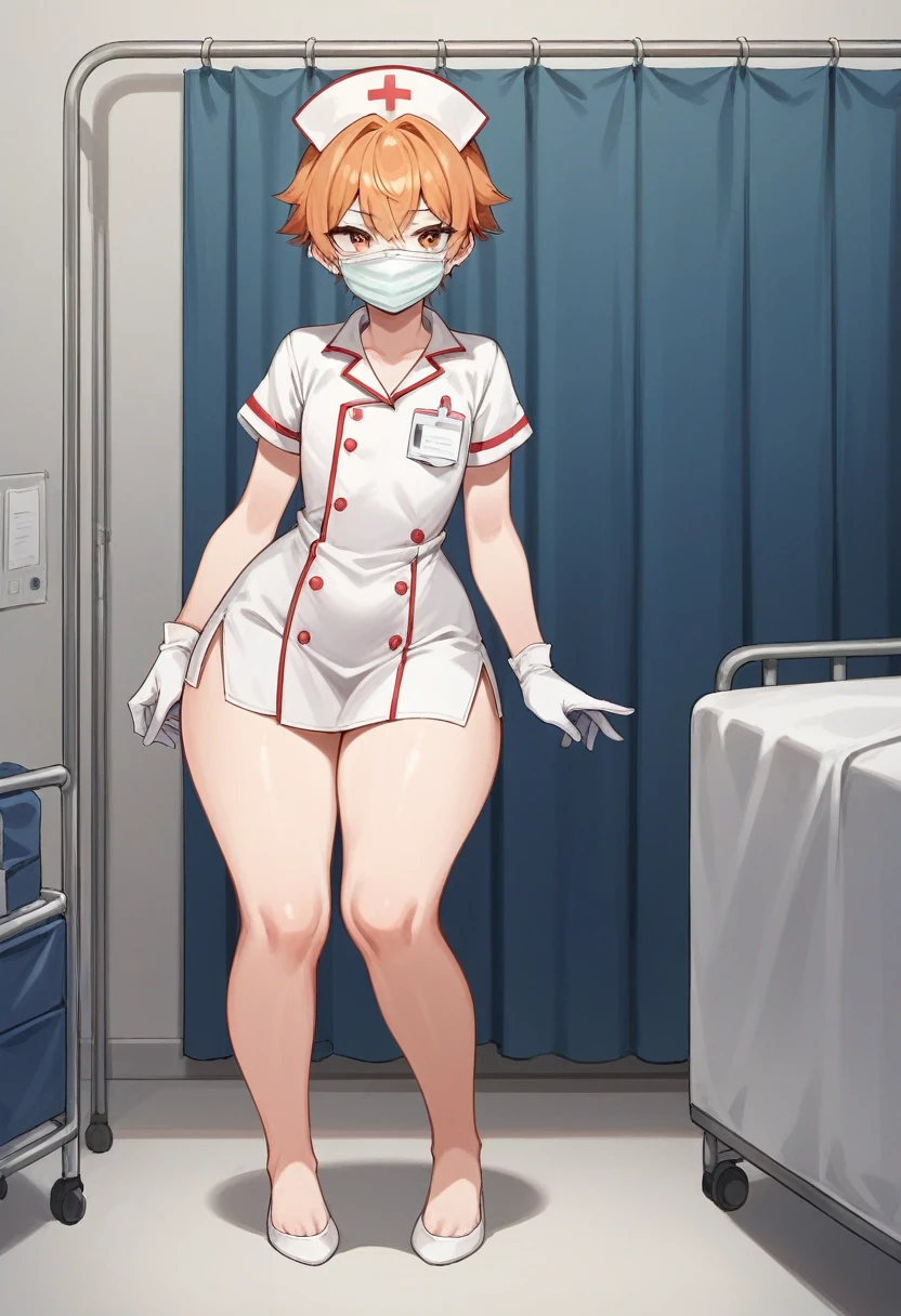 1girl, solo, nurse, nurse cap, white gloves, very short hair, orange hair, ((white surgical mask, covered nose)), standing, ((hospital room)), sharp outline, short sleeves, tomboy, boyish, flat chest, thick thighs, large thighs, wide hips, thick legs, black slip on flats on her feet, full body shown, best quality, masterpiece