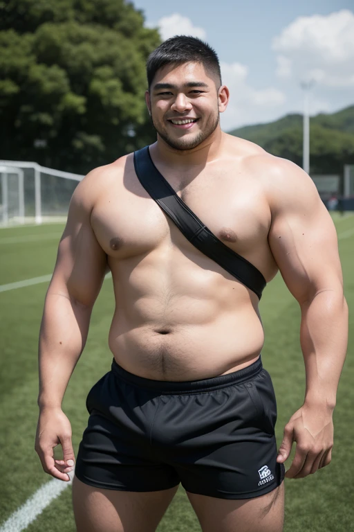 ((highest quality)), ((masterpiece)), (detailed), ((Perfect Face)), 4k, Shaved head, Young Japanese, Muscular, Fat body, Very big man, smile, ((showing off crotch)) A large Japanese man shirtless、whole body、Rugby player、Thick legs、Thick arm muscles、Intimidating、whole body、wearing a very tight black shorts、wearing a very short black shorts, (shirtless)、At the rugby field