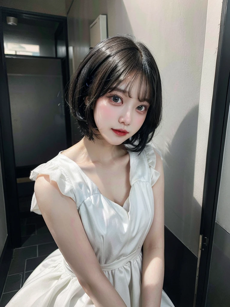Black hair girl, indoor,short hair, white dress,
