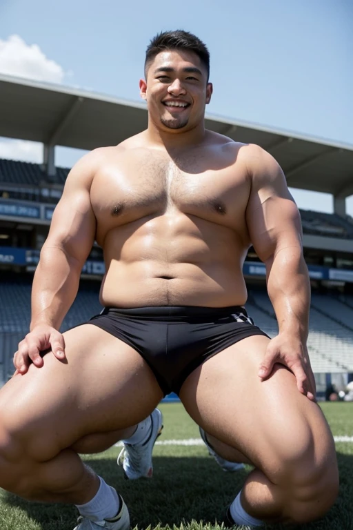 ((highest quality)), ((masterpiece)), (detailed), ((Perfect Face)), 4k, Shaved head, Young Japanese, Muscular, Fat body, Very big man, smile, ((showing off crotch)) A large Japanese man shirtless、whole body、Rugby player、Thick legs、Thick arm muscles、Intimidating、whole body、wearing a very tight black shorts、wearing a very short black shorts, (shirtless)、At the rugby field