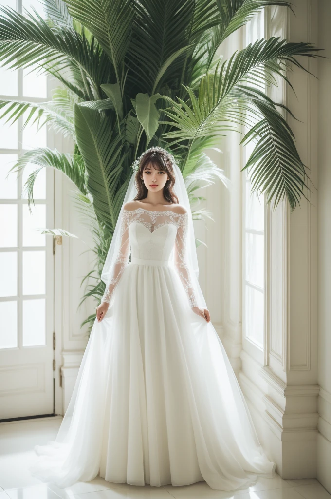 Highest quality, 8K, 32k, masterpiece, masterpiece, (Realistic: 1.4), RAW Photos, Ultra-realistic, One girl, whole body, wearing a white ball gown wedding dress, Long sleeve style, Tulle and lace, 
ウェディングドレスカタログのようなwhole body写真, Indoors in a white room with decorative palm trees, Stand upright and look straight,