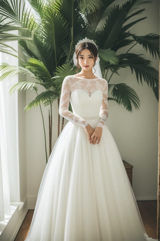 Highest quality, 8K, 32k, masterpiece, masterpiece, (Realistic: 1.4), RAW Photos, Ultra-realistic, One girl, whole body, wearing a white ball gown wedding dress, Long sleeve style, Tulle and lace,
ウェディングドレスカタログのようなwhole body写真, Indoors in a white room with decorative palm trees, Stand upright and look straight,