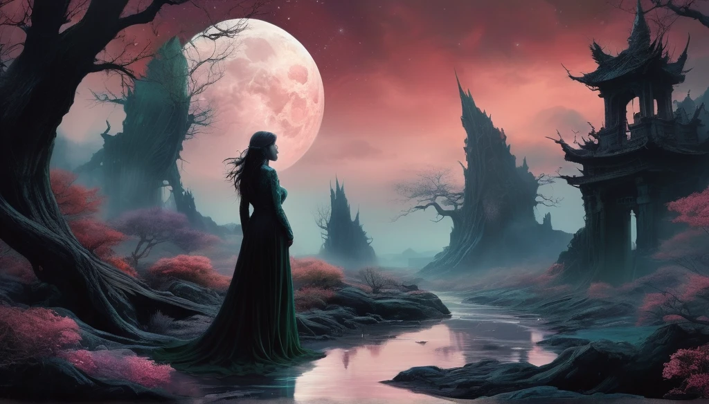 pregnant,(devil theme:1.5),(dark horror theme:1.5),(thriller:1.5),(inspiration from Stephen King:1.5),(dark fantasy:1.5), (ink and watercolor painting:1.5), (black and white color:1.5), (ominous landscapes:1.5),(A large number of stars fly towards the viewer:1.5),(ruined:1.5), (ruined theme:1.5),(lots of flying dust:1.5),(puddle:1.5),(Unpaved roads:1.5),(absurderes:1.5),(fantastic:1.5),full body length,Quartz Lepidolite babygirl in national dress,pretty face,full body shot,ominous landscape,Fluorite chrysocolla atmosphere,by art Simon Stalenhag,Nicola Samori,Wangechi Mutu,prime colors,extremely detailed,masterpiece,intricate details,faded,eyes extremely detailed, high detailed eyes,8k resolution, Nikon Z9,scary town,full body length,evil ghost Iridescent,intricate details,Stone Forest in Yunnan Province of China,ultra-detailed,dark and eerie atmosphere, ethereal presence, hauntingly beautiful, ghostly figures, swirling mists, supernatural entities, demonic essence, shadowy forms, eerie whispers, sinister aura, hauntingly pale skin, dark and twisted branches, pregnant, macabre elements, mysterious and enigmatic, spectral apparitions, gothic art style, hauntingly captivating, spectral realm, hauntingly melancholic, otherworldly beauty, ethereal glow, hauntingly haunting, chilling and atmospheric, eerie and ominous lighting,Impresionismo，starlight color，Fantastic lighting，Ethereal atmosphere，otherworldly charm，Mystic aura，Glowing flowers，floating petal，majestic vines，Glowing Leaves，with a calm expression，Complicated details，Exquisite features，petals in her hair，Light of the sky，harmonious colorystic energy，Surreal atmosphere，Amazing Cleavage，Sublime art，vibrant tones，captivating creationбAfter the war，Maritime city，sense of science and technology，The city of the future，Spaceship wreckage，There are giant ships in the sea，Beautiful woman overlooking the ruined city