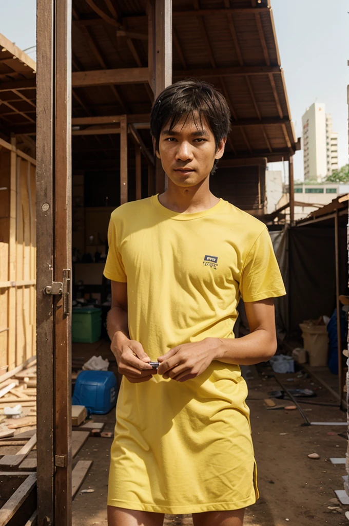 ภาพrealistic, man,Thai people,Looks good, Skinny,Wear a yellow t-shirt, Age 60, short hair,slightly white hair,Oval face,Go see the construction site, outdoor, In the back there are people working on construction., Build a 3-story house,clarity, Bokeh, realism, realistic, realism, professional photography, FuSD, dslr.