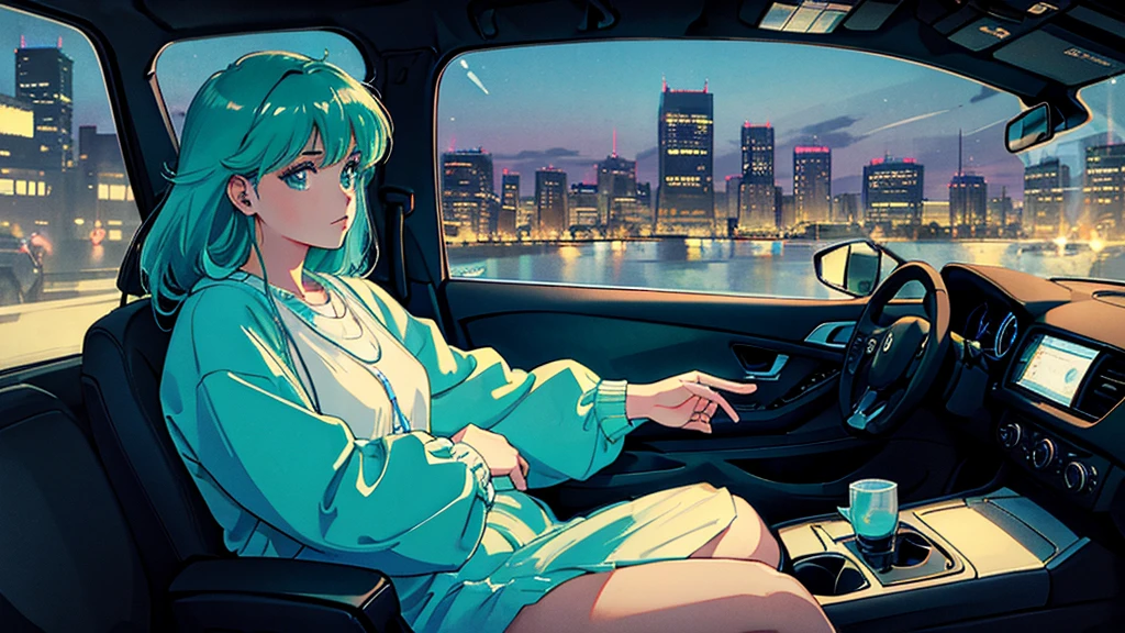 Create an image from the angle inside a car, showing a woman with a thoughtful expression on her face as she gazes out of the side window at the cityscape. The city outside should be visible, illuminated by streetlights and neon signs. Use soft, pastel colors and subtle gradients to capture a dreamy, reflective atmosphere. Ensure the interior of the car feels cozy and comfortable, adding to the overall serene vibe.窓の外を見ている。