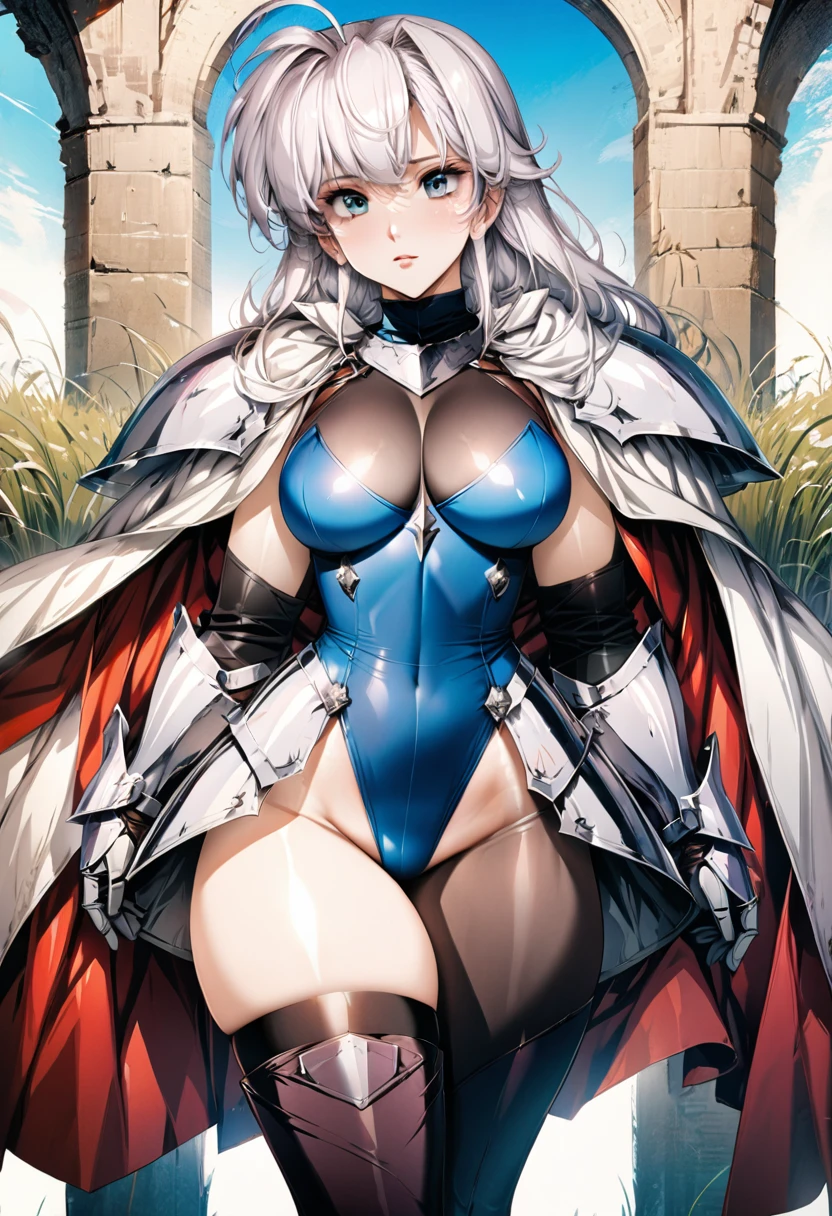 ((highest quality)), ((masterpiece)), ((hyperrealistic)), (detailed background), 1girl, ((curvy: 1.2)), ((lame blue leotard)), ((catsuit leotard)), (knight armor), (See-through long skirt dress), cloak de cour, gauntlet, gloves, white hair, ahoge, (large breasts), (see-through cleavage cutout), (zettai ryouiki black thigh high boots), (pantyhose thighs), (pantyhose groin area), beautiful eyes, perfect face, Perfect hands, perfect fingers, Blue sky and grassland,