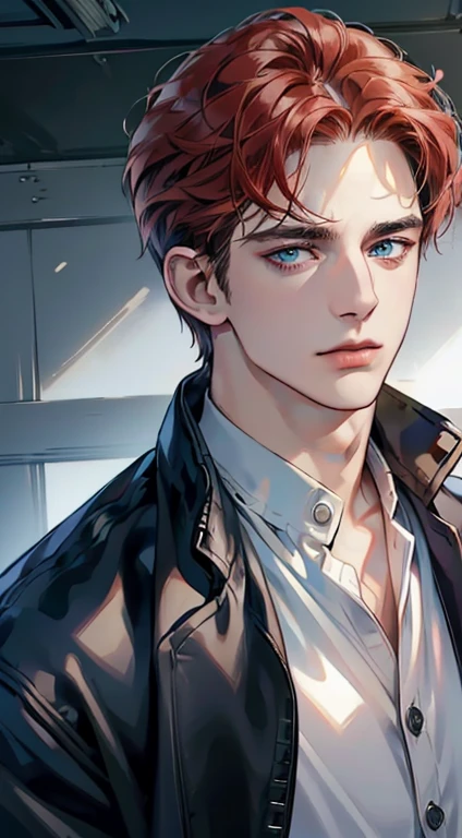 (best quality, masterpiece, 8K, photorealistic, cinematic lighting, 1:4 hdr image, ultra detailed, beautiful image), a mature man, 34 years very handsome, ((cold expression)), short red hair, blue eyes, face perfect without mistakes, ((buttoning his jacket, CEO))