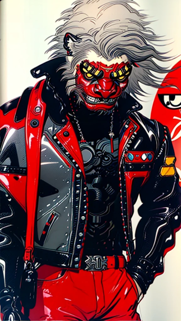 lion dance whole body cyber punk Japan Leather jacket Gray Hair AKIRA male Fantasy
