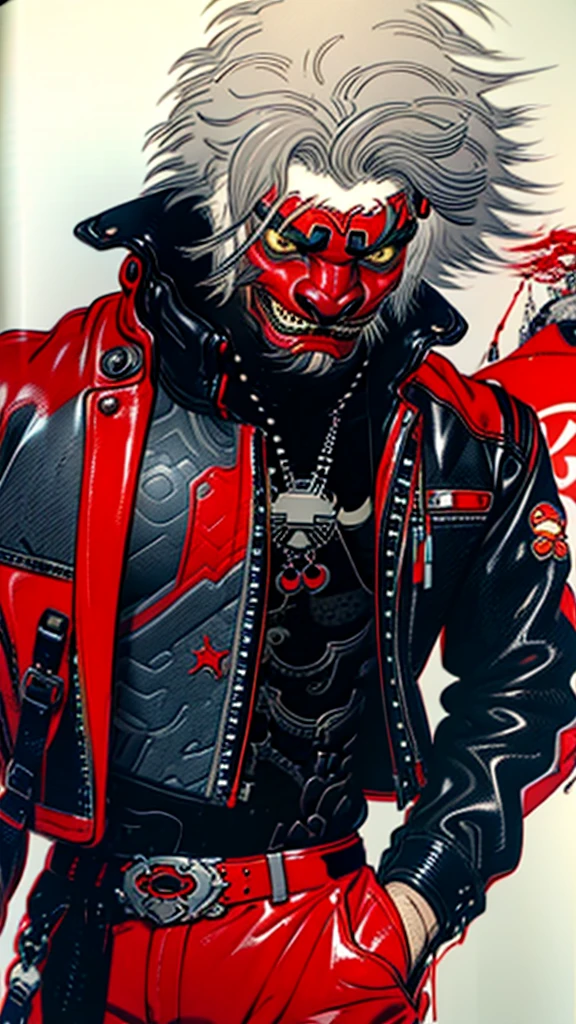 lion dance Facing forward cyber punk Japan Leather jacket Gray Hair AKIRA male Fantasy