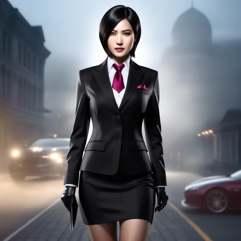 Ultra-realistic extremely detailed real life 8k masterpiece of a gorgeous asian woman re ada wong wearing (((skirt suit))), (((three-piece suit))), (((dress shirt))), (((necktie))), (((blazer))), (((black lapel))), (((suit jacket))), ((waistcoat)), double-breasted waistcoat, (((bodycon miniskirt))), pocket square, cufflinks, tie clip , tailored suit,, extremely detailed facial features, dark scary epic lighting, horror composition