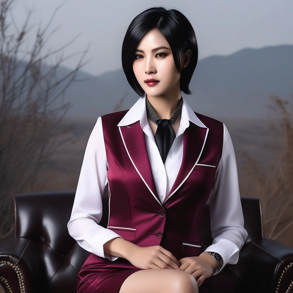 Ultra-realistic extremely detailed real life 8k masterpiece of a gorgeous asian woman re ada wong wearing (((skirt suit))), (((three-piece suit))), (((dress shirt))), (((necktie))), (((blazer))), (((black lapel))), (((suit jacket))), ((waistcoat)), double-breasted waistcoat, (((bodycon miniskirt))), pocket square, cufflinks, tie clip , tailored suit,, extremely detailed facial features, dark scary epic lighting, horror composition