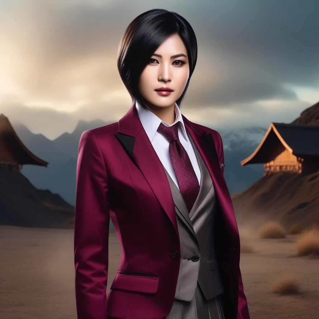 Ultra-realistic extremely detailed real life 8k masterpiece of a gorgeous asian woman re ada wong wearing (((skirt suit))), (((three-piece suit))), (((dress shirt))), (((necktie))), (((blazer))), (((black lapel))), (((suit jacket))), ((waistcoat)), double-breasted waistcoat, (((bodycon miniskirt))), pocket square, cufflinks, tie clip , tailored suit,, extremely detailed facial features, dark scary epic lighting, horror composition