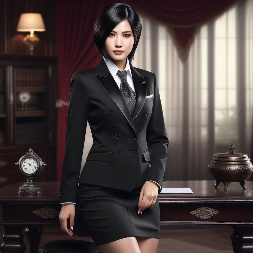 Ultra-realistic extremely detailed real life 8k masterpiece of a gorgeous asian woman re ada wong wearing (((skirt suit))), (((three-piece suit))), (((dress shirt))), (((necktie))), (((blazer))), (((black lapel))), (((suit jacket))), ((waistcoat)), double-breasted waistcoat, (((bodycon miniskirt))), pocket square, cufflinks, tie clip , tailored suit,, extremely detailed facial features, dark scary epic lighting, horror composition