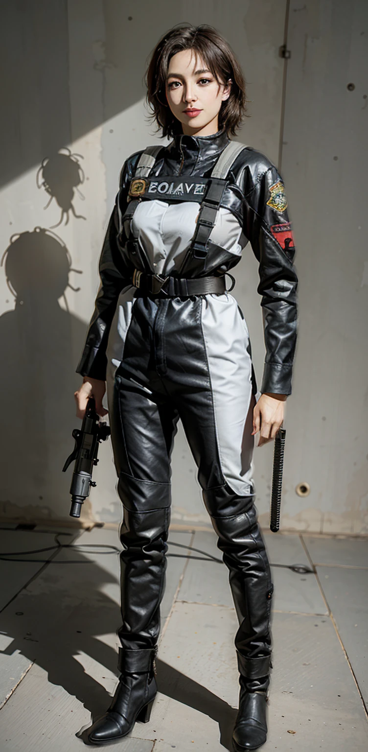 ((Full body photo, standing, on the ground)) Highest image quality, outstanding details, ultra-high resolution, (realism: 1.4), the best illustration, favor details, highly condensed 1girl, with a delicate and beautiful face, ((full body)), (wearing racing suit likes police uniform, black and gray mecha, wearing a night-vision goggle, military harness, holding a machinegun or bring a machinegun, "SST"), background simple grey wall,