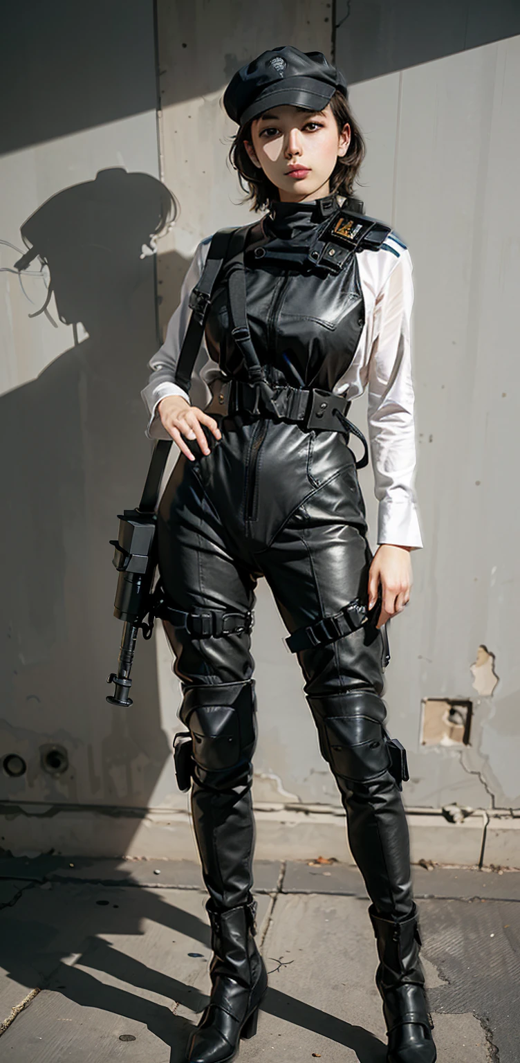 ((Full body photo, standing, on the ground)) Highest image quality, outstanding details, ultra-high resolution, (realism: 1.4), the best illustration, favor details, highly condensed 1girl, with a delicate and beautiful face, ((full body)), (wearing racing suit likes police uniform, black and gray mecha, wearing a night-vision goggle, military harness, holding a machinegun or bring a machinegun, "SST"), background simple grey wall,