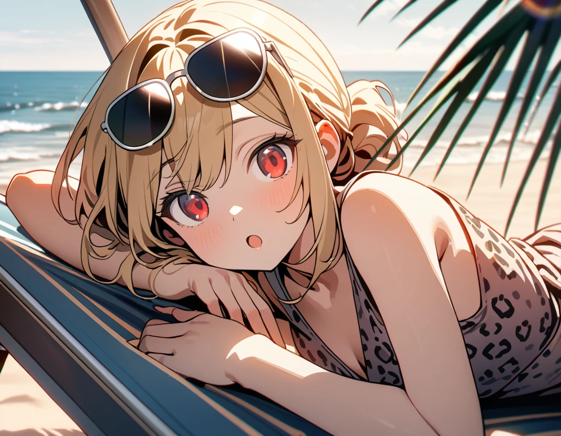 (8K, best quality, master piece: 1.2),super high resolution,1 girl,1６yo,solo,ultra-detailed face,deep detailed eyes,Mascara,Carelessly tied up hair,gold hair,wearing leopard pattern plunging(pinl:1.4),smile,:o,red eyes,sunglasses on head,rim light,lying deck chair,汗,beach parasol,sea side