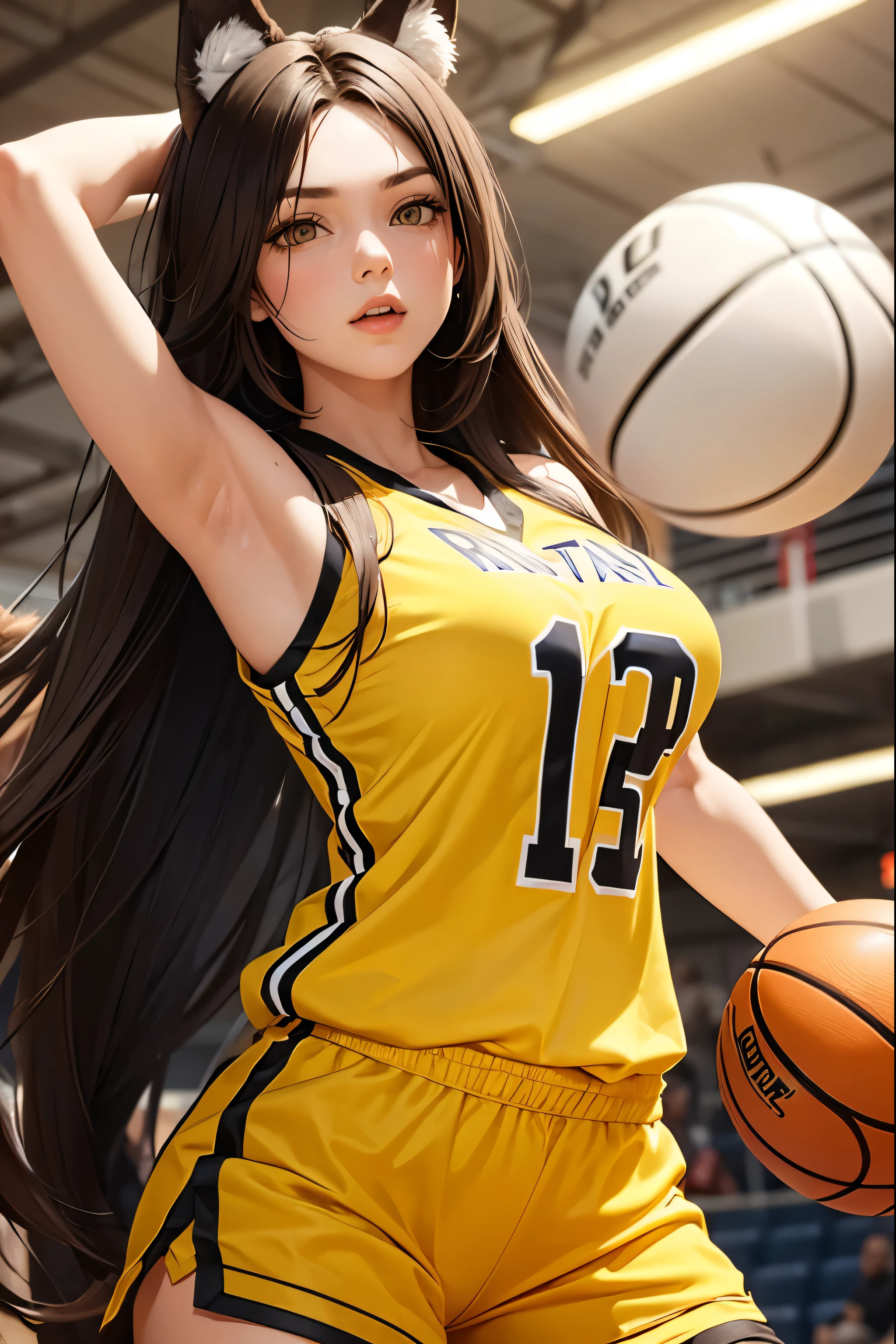 Woman, Brunette, Long Hair, Wolf Ears, Large Breasts, Playing Basketball, Yellow Uniform