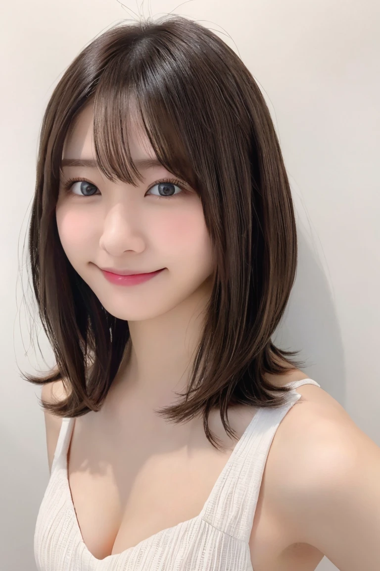 8K highest image quality)、(beautiful)、Accurate Eyes、Fine skin、22-year-old female、Brown eyes、Brown Hair、looking at the camera、Completely naked、Semi-short hair、Smile、bangs、Cleavage、Full view of breasts