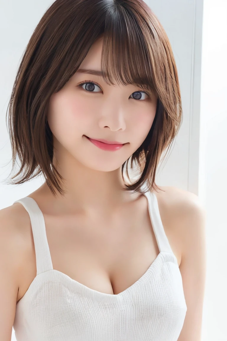 8K highest image quality)、(beautiful)、Accurate Eyes、Fine skin、22-year-old female、Brown eyes、Brown Hair、looking at the camera、Completely naked、Semi-short hair、Smile、bangs、Cleavage、Full view of breasts