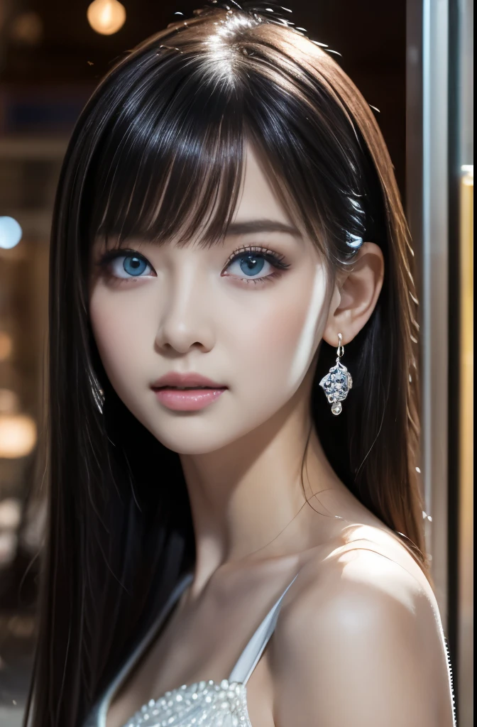 Ultra high definition, 1 female, Black shiny hair, Blue Eyes, Delicate face, cute, Love Earrings, White Dress, Standing at the entrance to the arcade, Playful, 8K Ultra HD, masterpiece, Highest quality, Super detailed, Accurate