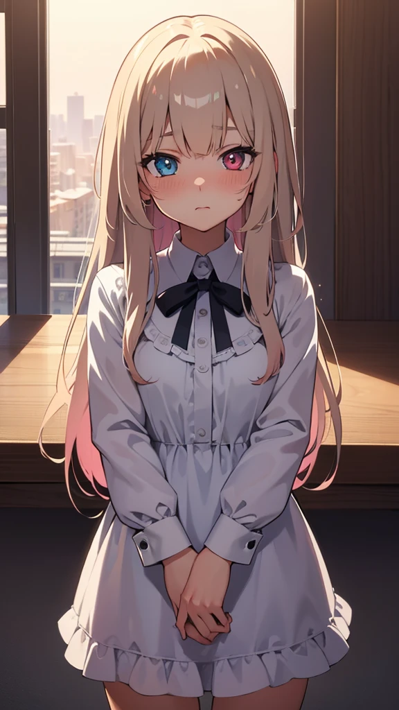 Masterpiece, best quality, ultra detailed,Girl, anime, cowboy shot,Baby face, long hair, gradient hair, sparkling eyes, heterochromia,Mysterious aura, blushing,night,