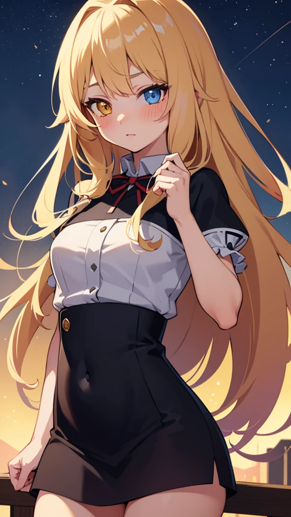 Masterpiece, best quality, ultra detailed,Girl, anime, cowboy shot,Baby face, long hair, gradient hair, sparkling eyes, heterochromia,Mysterious aura, blushing,night,