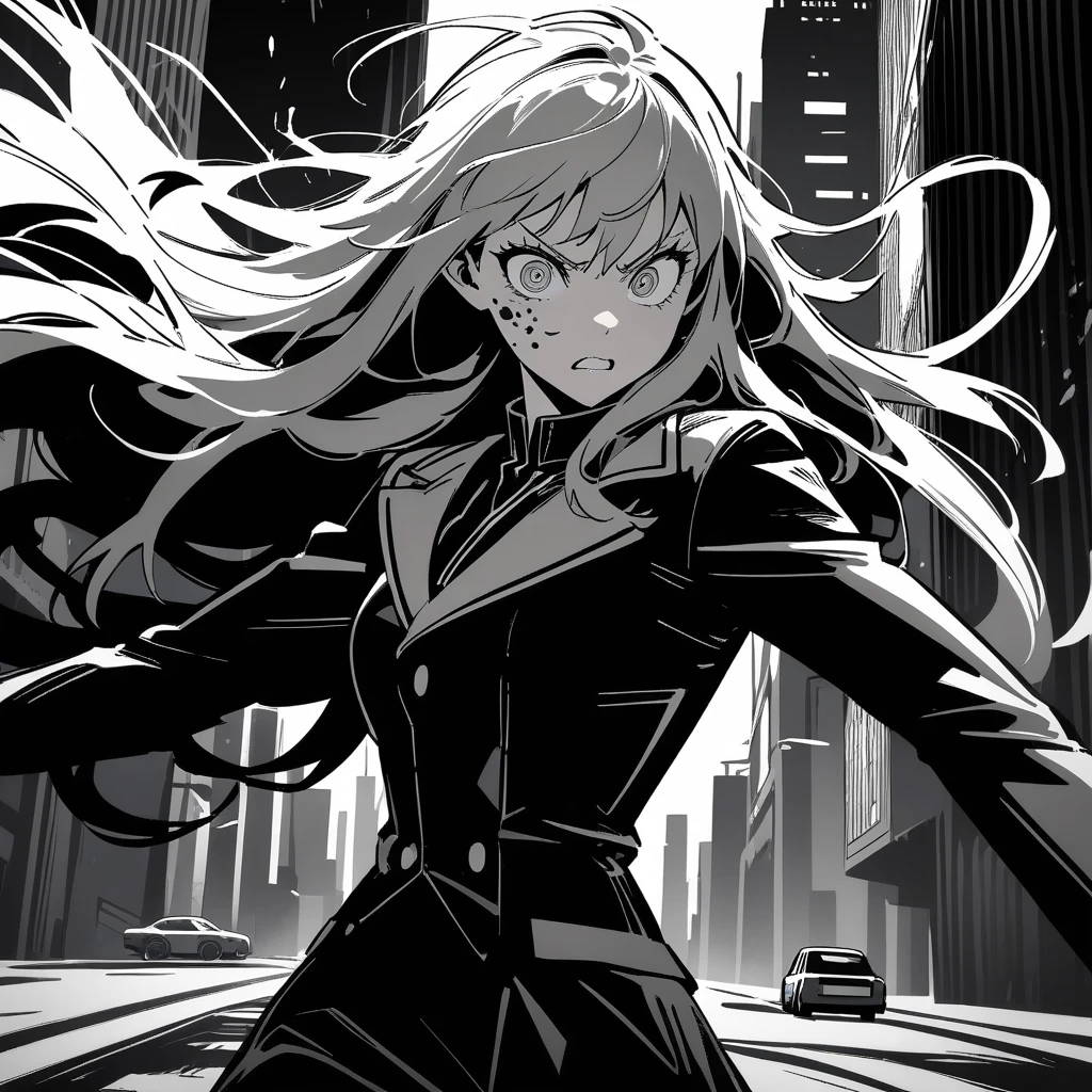 (best quality, 4k, 8k, highres, masterpiece:1.2), (manga style:1.3), (Tsukasa Hojo style:1.4), 1girl, beautiful woman, sharp facial features, expressive eyes, dramatic facial expression, flowing hair, dynamic pose, sleek outfit, urban background, car or cityscape, strong linework, high contrast, cinematic composition, (grayscale:0.8