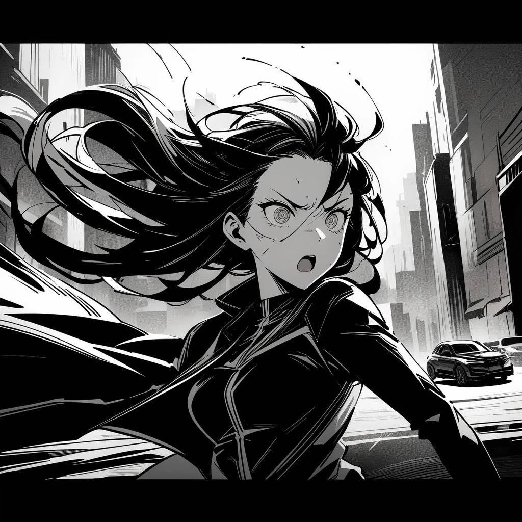(best quality, 4k, 8k, highres, masterpiece:1.2), (manga style:1.3), (Tsukasa Hojo style:1.4), 1girl, beautiful woman, sharp facial features, expressive eyes, dramatic facial expression, flowing hair, dynamic pose, sleek outfit, urban background, car or cityscape, strong linework, high contrast, cinematic composition, (grayscale:0.8